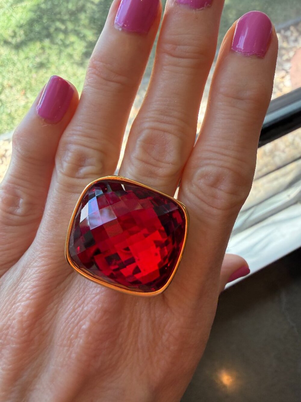 NEW Massive RED Glass/Crystal Checkerboard Cut Cocktail Statement Ring - 7.25